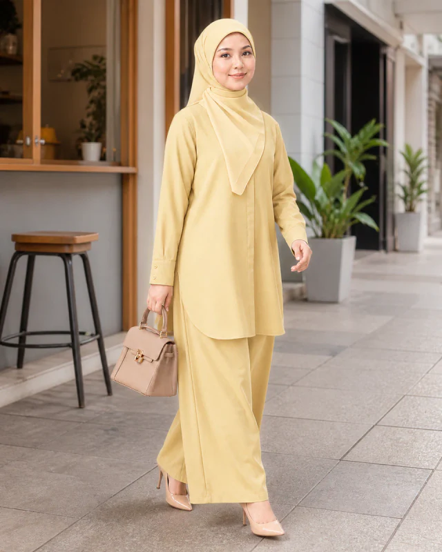 Model memakai Set Elora Muslimah warna Soft Yellow ketika brunch hujung minggu.