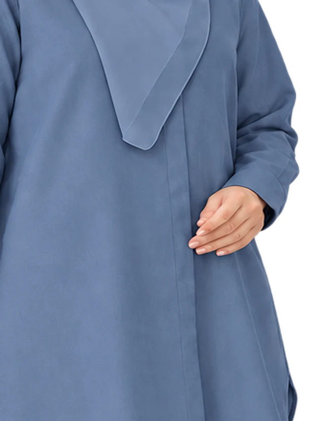 Close-up clean hidden placket Set Elora tanpa deretan butang terbuka.