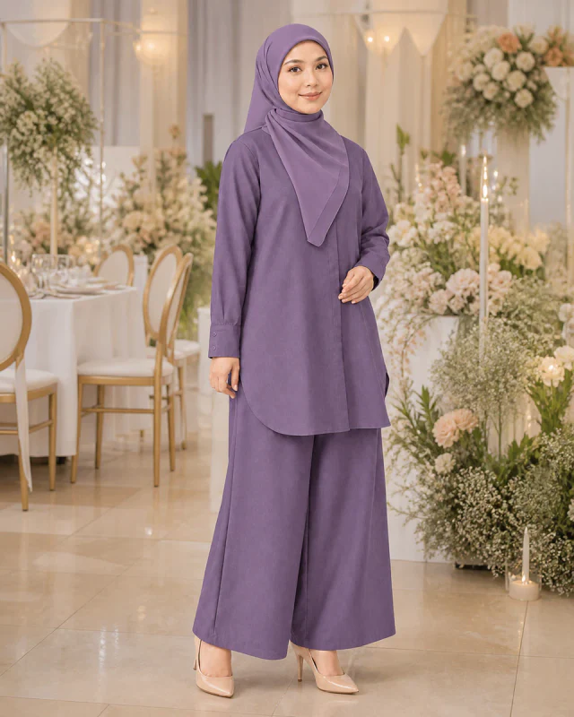 Model memakai Set Elora Muslimah warna Dusty Purple di kenduri petang.