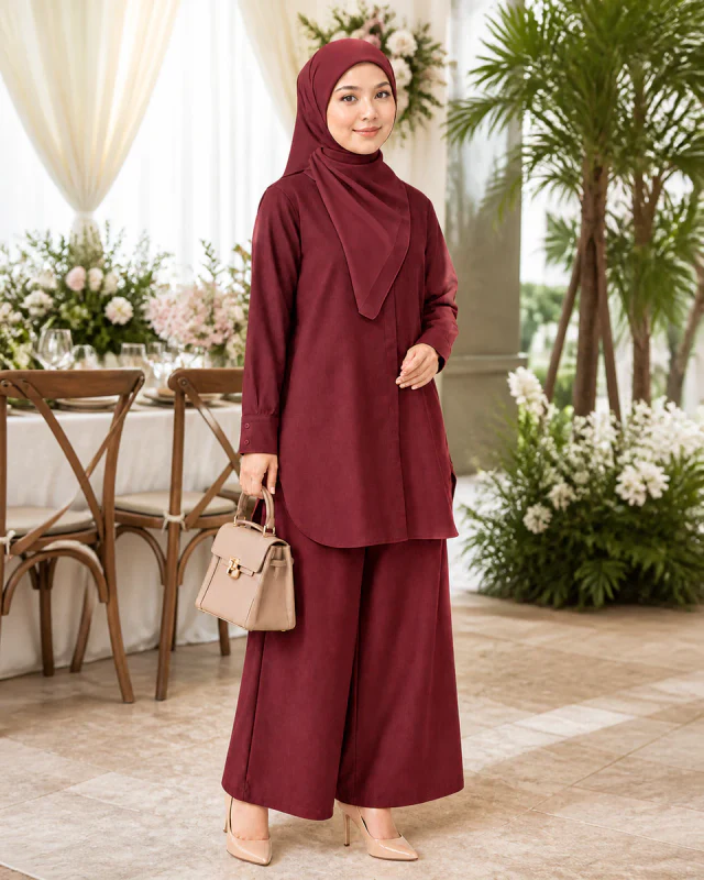 Model memakai Set Elora Muslimah warna Wine Red di majlis malam.