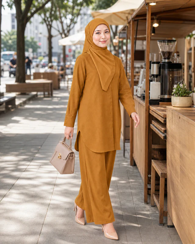 Model memakai Set Elora Muslimah warna Mustard di weekend market.