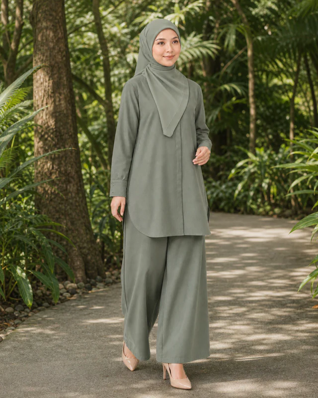 Model memakai Set Elora Muslimah warna Sage Green di taman botani.