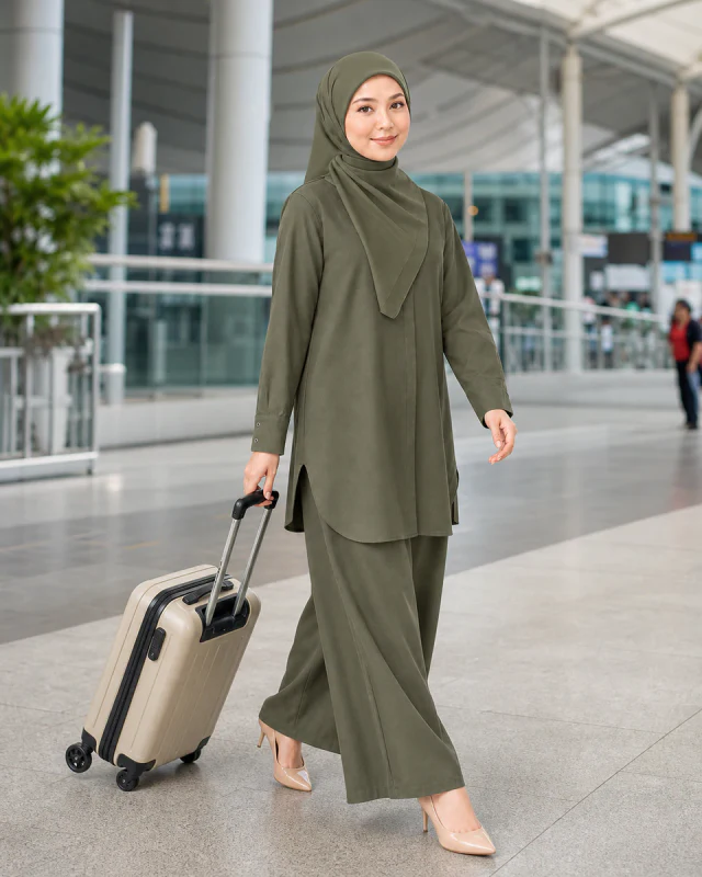 Model memakai Set Elora Muslimah warna Olive Green di terminal lapangan terbang.