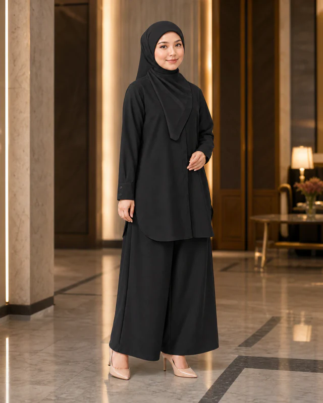 Model memakai Set Elora Muslimah warna Black di majlis rasmi.